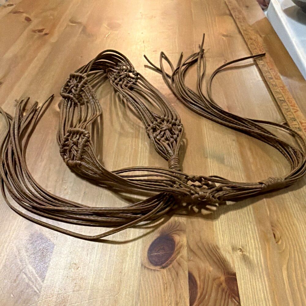Vintage Faux Leather Macrame Belt Brown Hand Knotted Boho Hippie Long Fringe